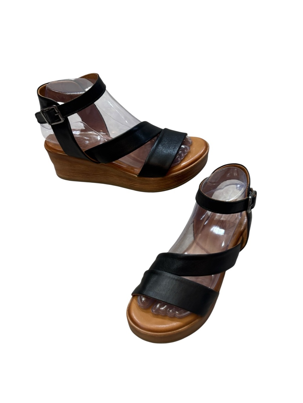 Miz Mooz Wynter Black Leather Strappy Wedge Platform Sandal Size EU38 US 7.5-8